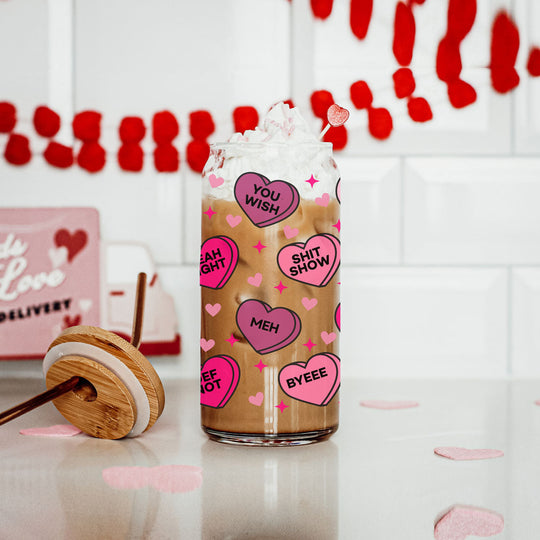 Funny Candy Heart Glass Cup 20oz With Bamboo Lid - Sarcastic V Day Gift