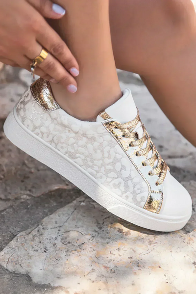 Leopard Print Sneakers - White PVC/PU Lace-Ups - Streetwear Kicks