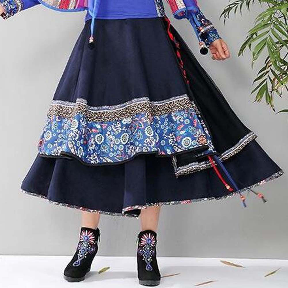 Women's Retro Midi Skirt Ethnic Style Printed A-line Blue Skirt High Waist Multi-layer Long Skirt