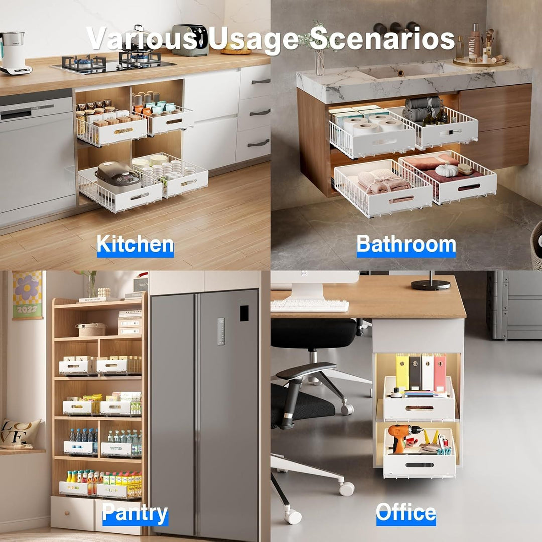 2 Pack Pull Out Cabinet Organizer, Slide Out Cabinet Drawers Peel and Stick Pull Out Drawers Heavy Duty Pull Out Shelf for Kitchen, Cupboard, Pantry, Bathroom