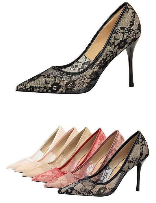 Women Pumps; Sexy heels; women's shoes; stiletto heels; pointed toe heels; mesh cutout lace trims