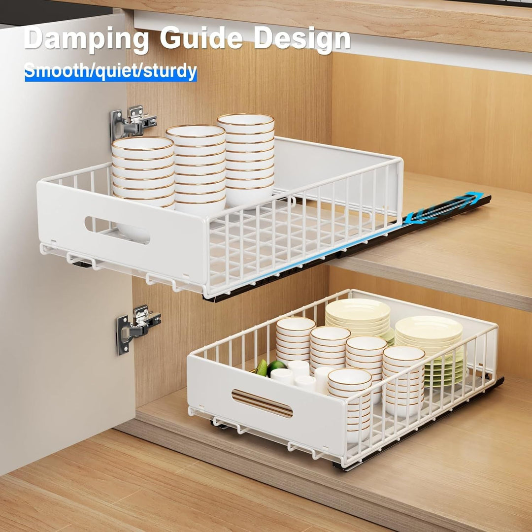 2 Pack Pull Out Cabinet Organizer, Slide Out Cabinet Drawers Peel and Stick Pull Out Drawers Heavy Duty Pull Out Shelf for Kitchen, Cupboard, Pantry, Bathroom