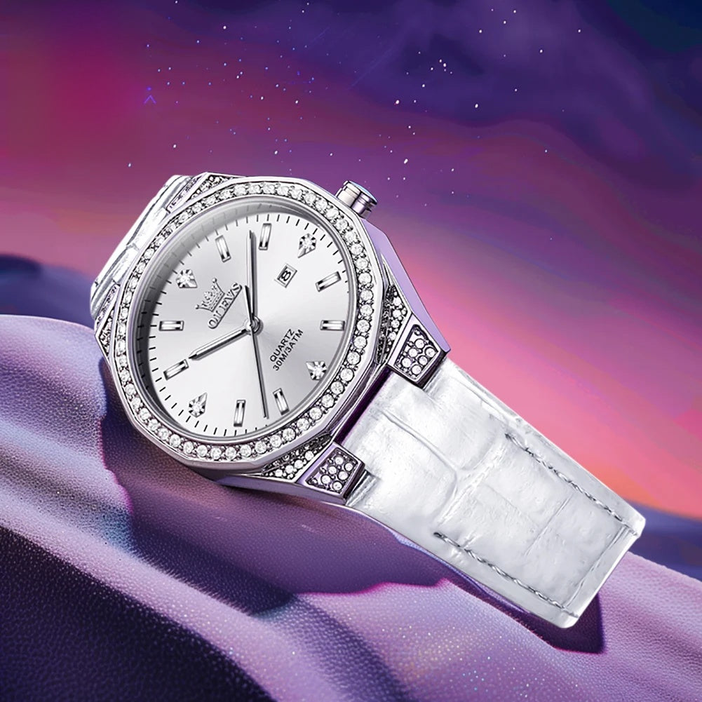 Women's Crystal Bezel White Leather Strap Watch Quartz Date