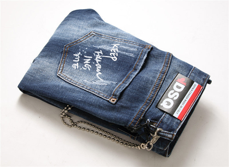 Men's Denim Zipper Blue Hole Pencil Pants
