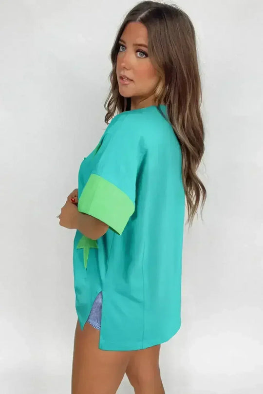 Aruba Blue Frayed Star Patched 4th of July Oversize T Shirt