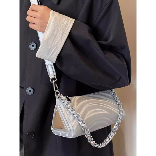Women's versatile design crossbody bag, chain silver shoulder bag, small metallic purse crossbody