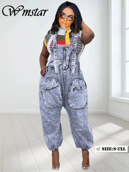 Wmstar Women's Jumpsuit Denim Cargo Pockets One Piece Outfits Wide Leg Black Fashion Streetwear Romper Wholesale Dropshipping