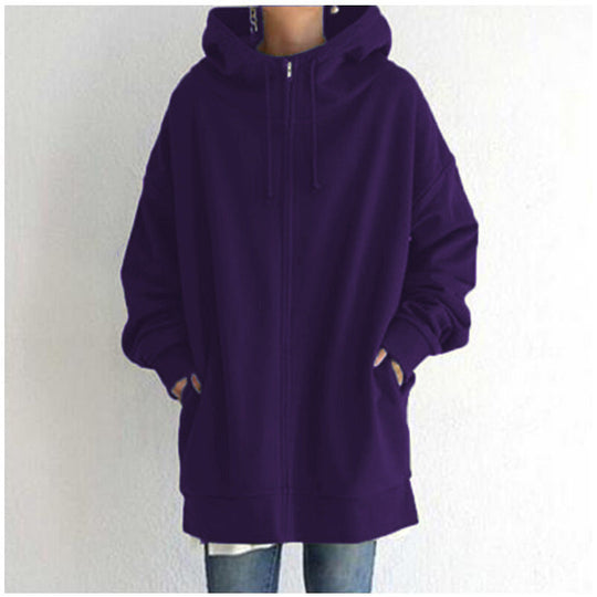 Oversized S-5XL Women Loose Hooded Coats Autumn Female Tie Collar Long Sleeve Zipper Up Add Velvet Long Sweatshirt