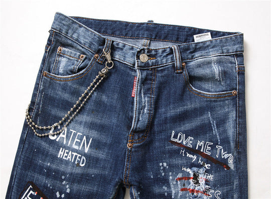 Men's Denim Zipper Blue Hole Pencil Pants