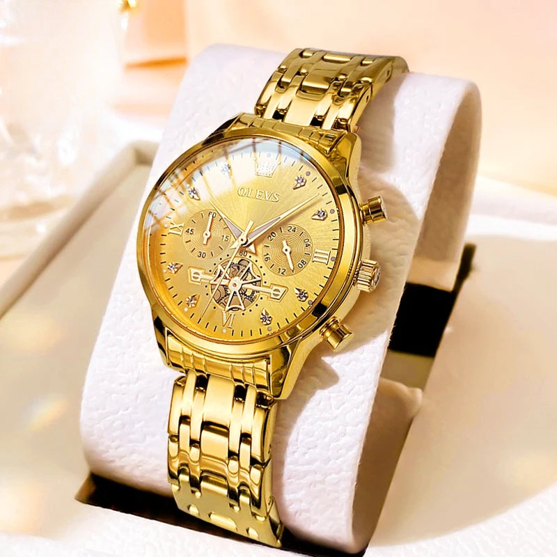 Women's Gold Stainless Steel Multifunction Quartz Watch