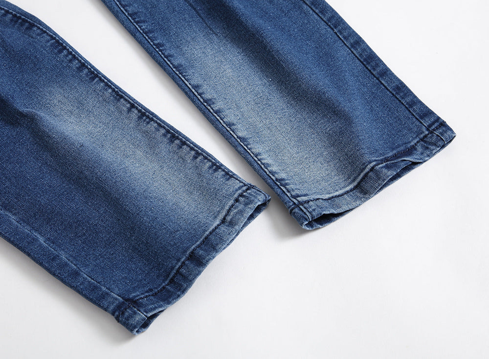 Multi-holes, Blue Elastic Men's Pants Slim-fitting Small Straight