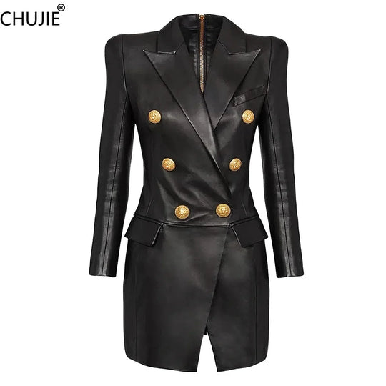 Women's PU Leather Blazer Dress 2025 - Slim Fit Office Suit, Minimalist Chic Work Attire