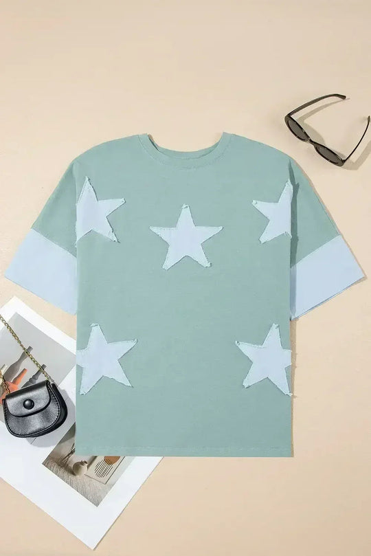 Aruba Blue Frayed Star Patched 4th of July Oversize T Shirt