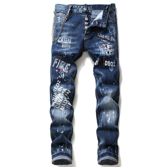 Men's Denim Zipper Blue Hole Pencil Pants