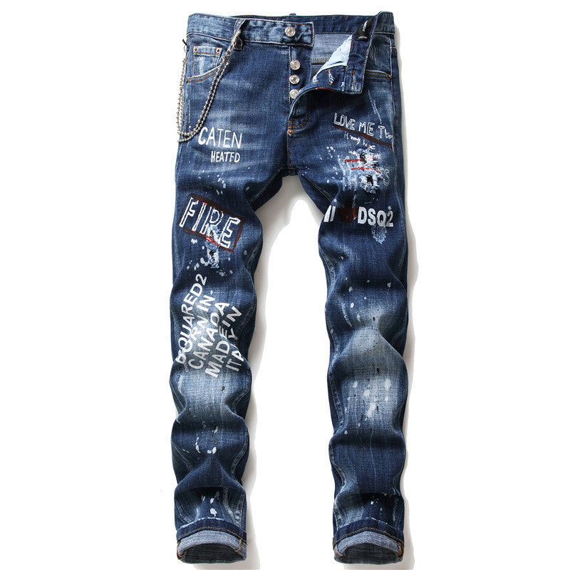 Men's Denim Zipper Blue Hole Pencil Pants