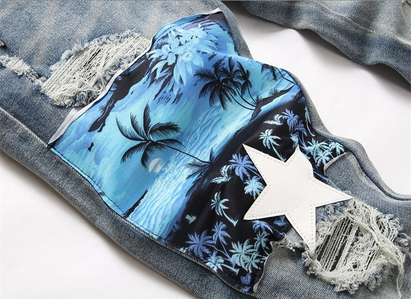 Men's Pants Blue With Holes Embroidered Printed