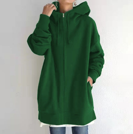 Oversized S-5XL Women Loose Hooded Coats Autumn Female Tie Collar Long Sleeve Zipper Up Add Velvet Long Sweatshirt