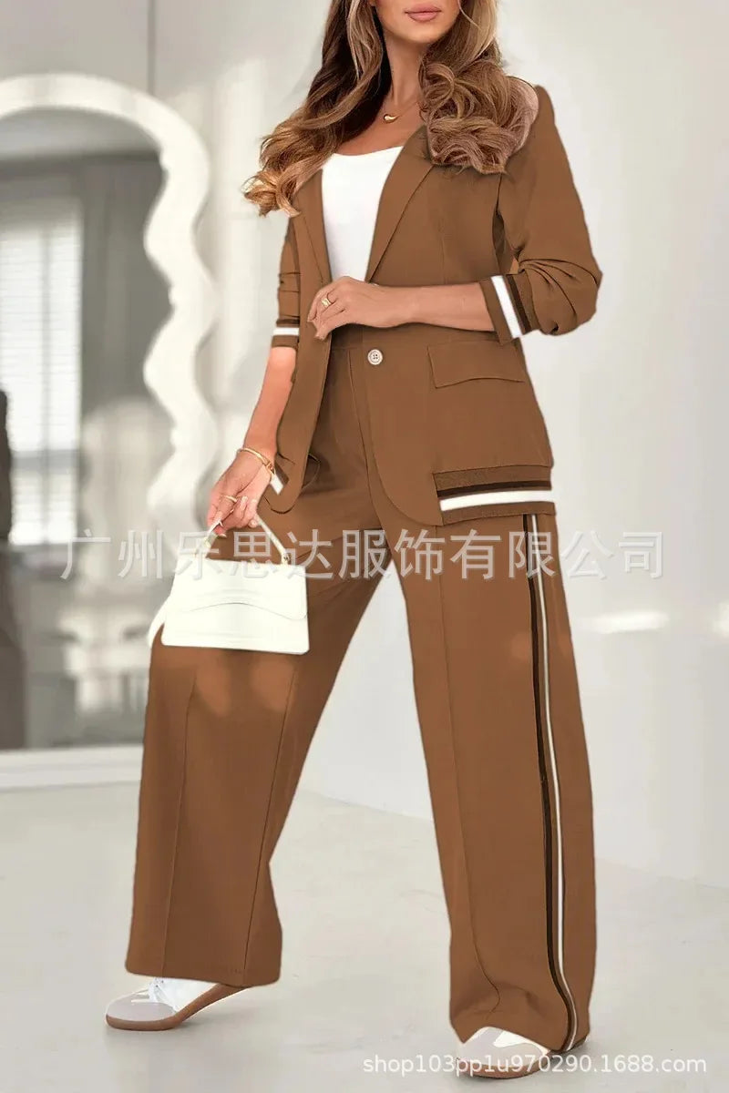 Women Suit Jacket 2 Piece Sets Striped Blazer Coat Turn Down Collar Single Breasted Wide Leg Pants Ensemble Office Lady Outfits