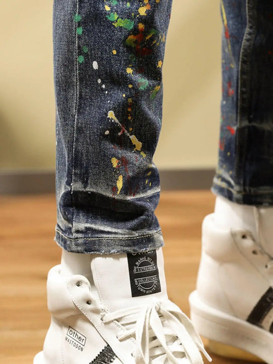 Personalized Fashion Jeans Men's Casual Slim Fit Skinny Retro Splash-ink Paint Trousers