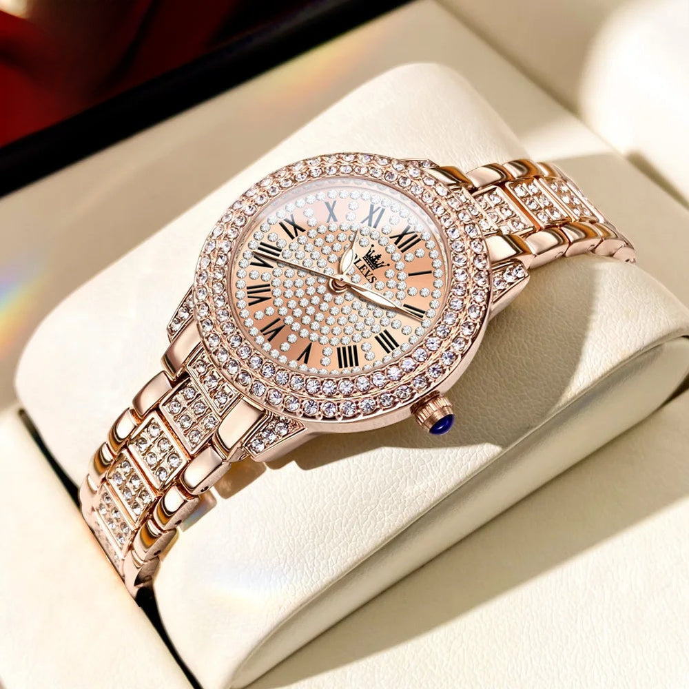Women's Rose Gold Crystal Roman Numeral Watch Elegant