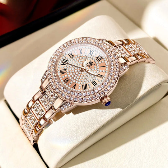 Women's Rose Gold Crystal Roman Numeral Watch Elegant
