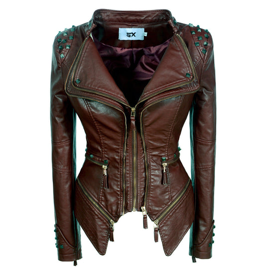 Women's Rivet Slim Washed Leather Motorcycle Jacket