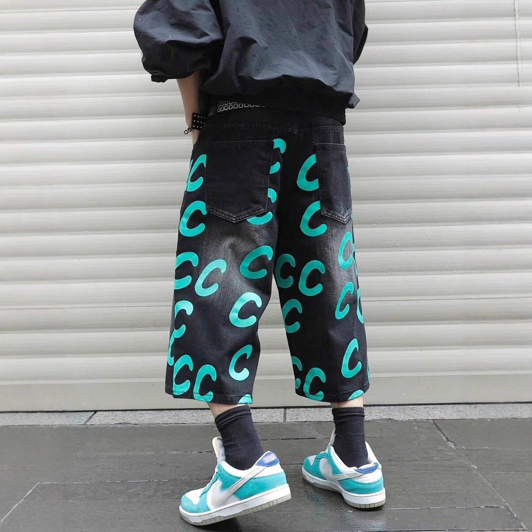 Loose Casual Straight-leg Black Denim Shorts