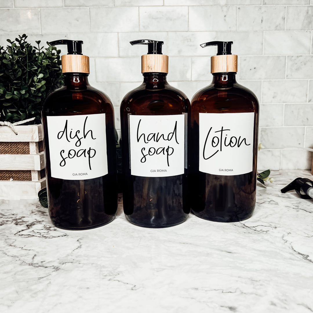 32 Oz Amber Glass Reusable Dispenser Bottle For Soap Laundry Mouthwash Refillable Pump Included