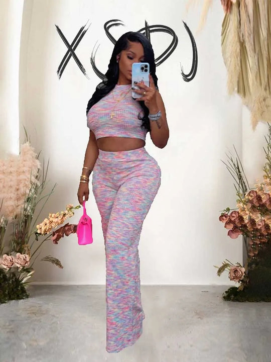 2 Piece Sets Womens Outfits Elegant Stretchy Knitted Summer Suit Sexy Sleeveless Top and Pant Suit Wholesale Dropshipping