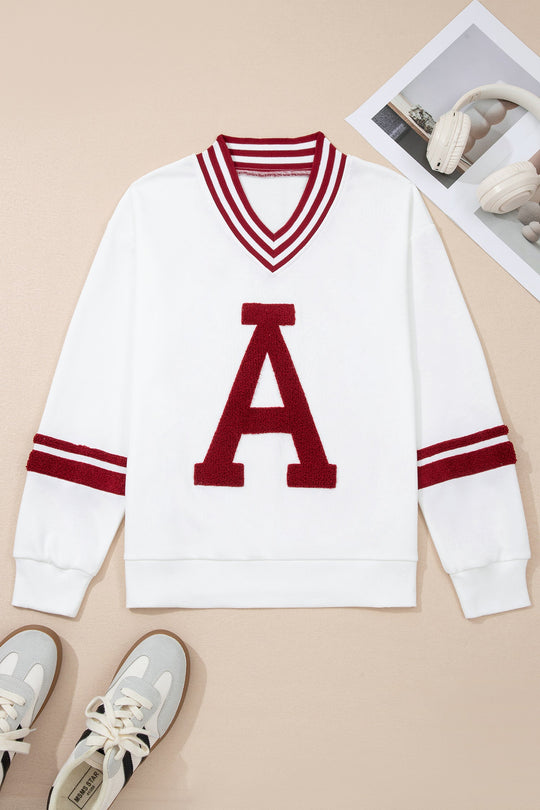 Chenille Varsity Stripe V-Neck Puff Sleeve Sweatshirt