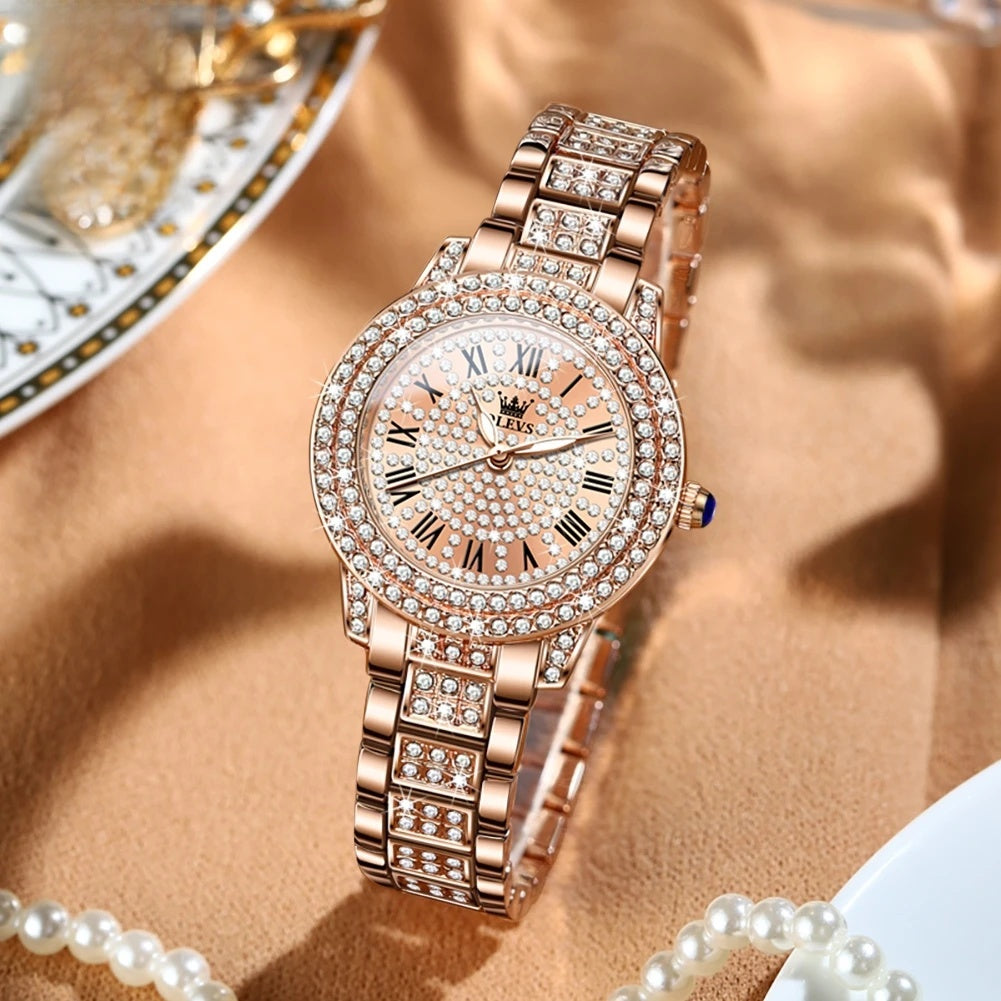 Women's Rose Gold Crystal Roman Numeral Watch Elegant