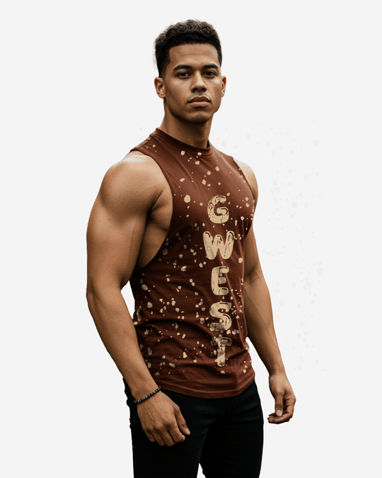 G  WEST LOGO MENS BROWN TANKS