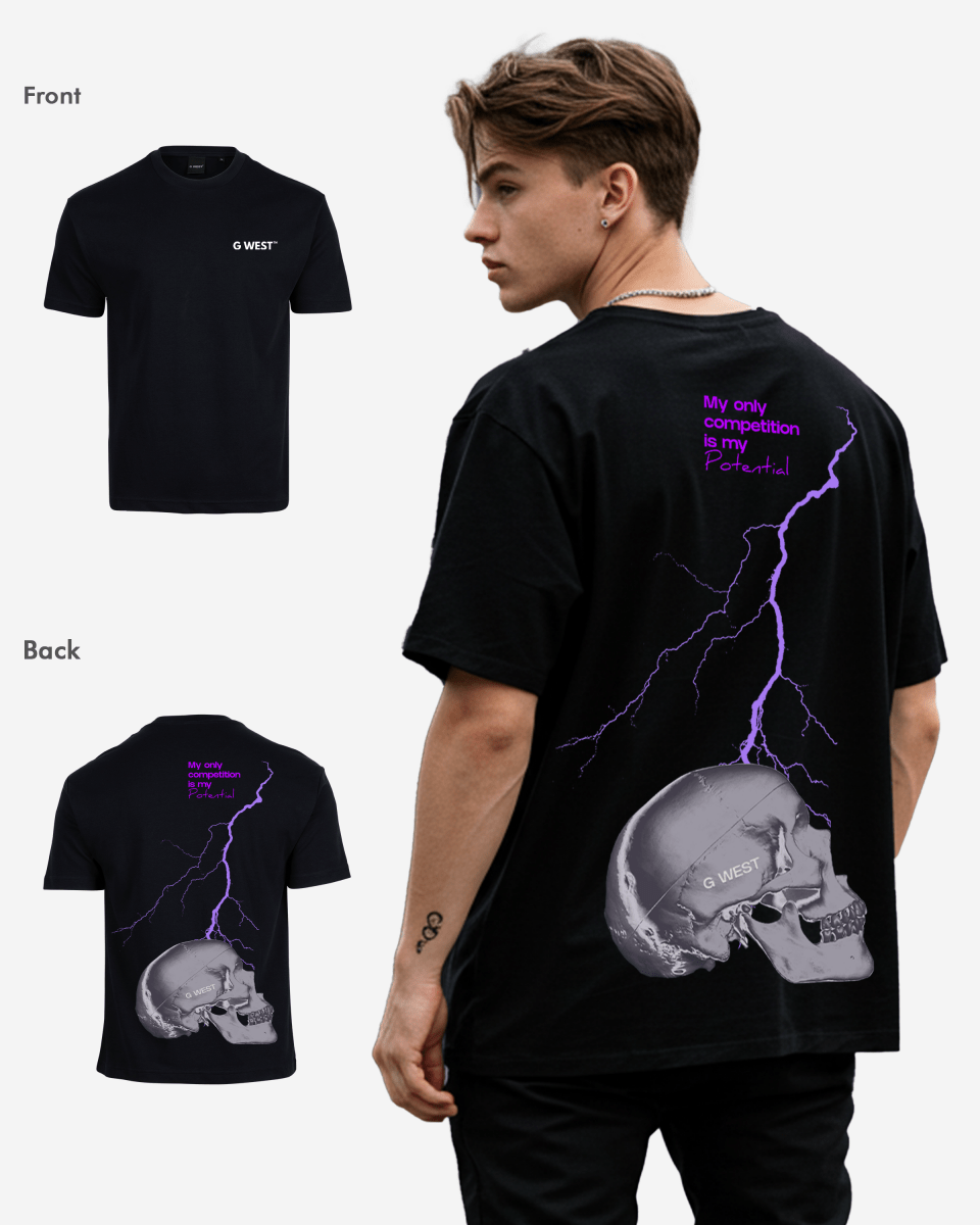 G-West G West Oversized Lighting Skull T-Shirt Mens