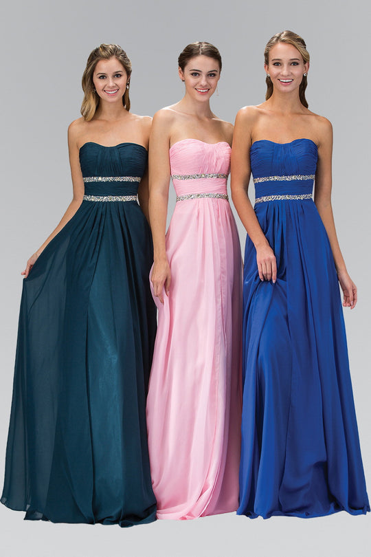 Strapless Floor Length Chiffon Dress with Sequin Detailing