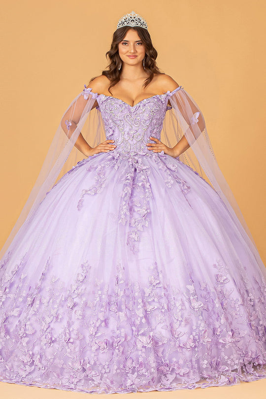 3-D Butterfly Applique Glitter Quinceanera Gown w/ Long Mesh Layer
