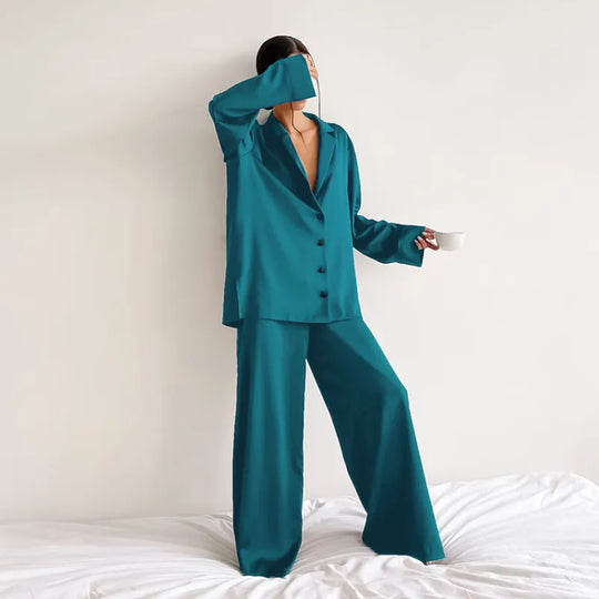 Women's Home Silk Pure Color Pajamas - # WOAA21710002-PRG