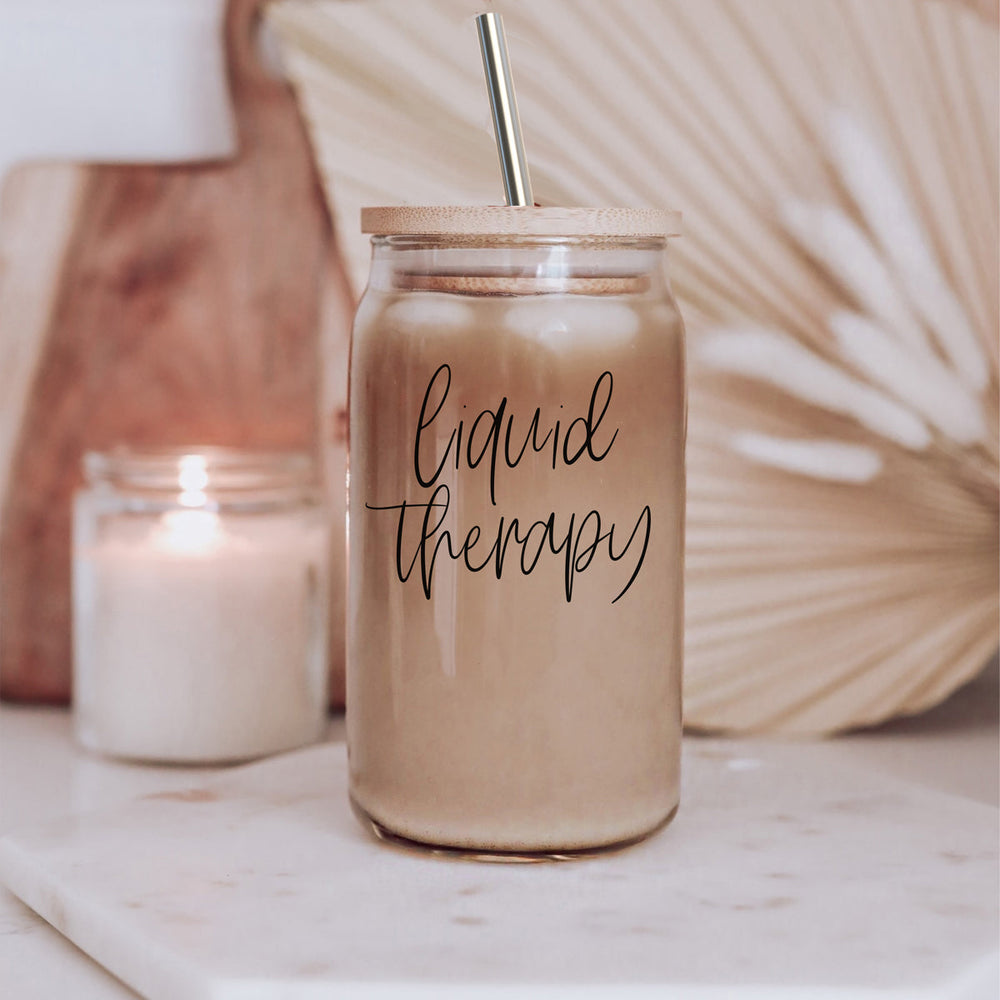 Liquid Therapy 17oz Glass Tumbler With Bamboo Lid, 2 Stainless Straws And Straw Cleaner