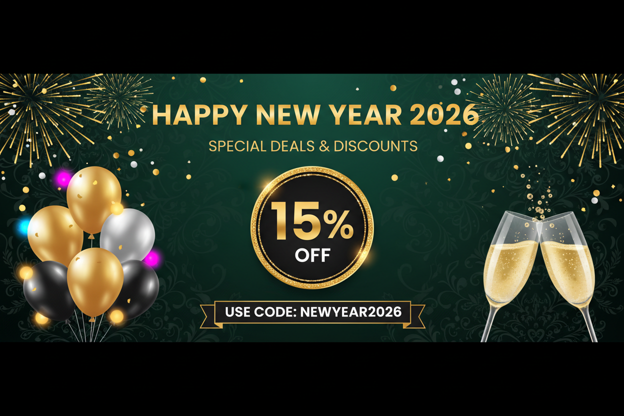 Happy New Year 2026 Banner with Discount Code