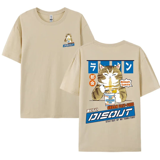 Harajuku Cat Eating Noodles Graphic Tee