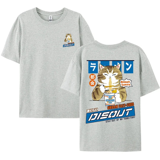 Harajuku Cat Eating Noodles Graphic Tee