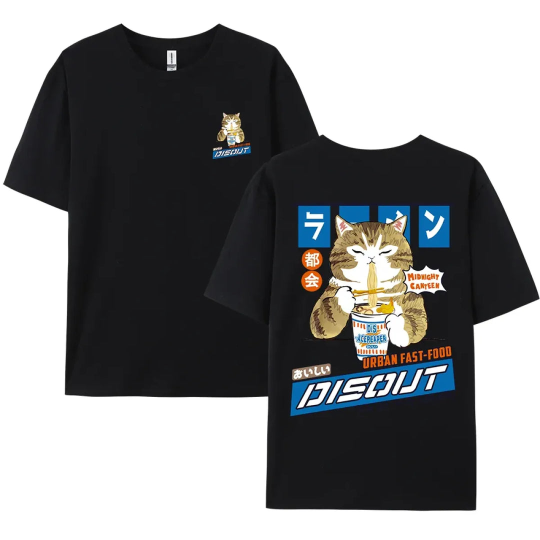 Harajuku Cat Eating Noodles Graphic Tee