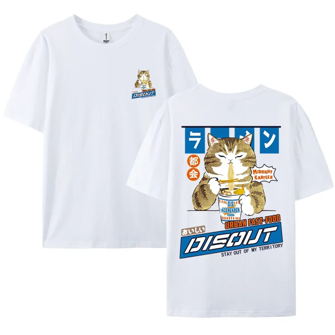 Harajuku Cat Eating Noodles Graphic Tee