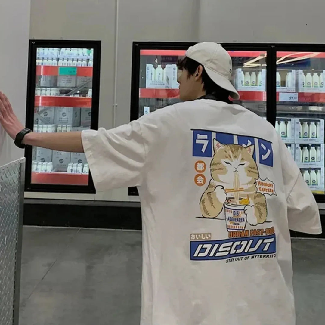 Harajuku Cat Eating Noodles Graphic Tee