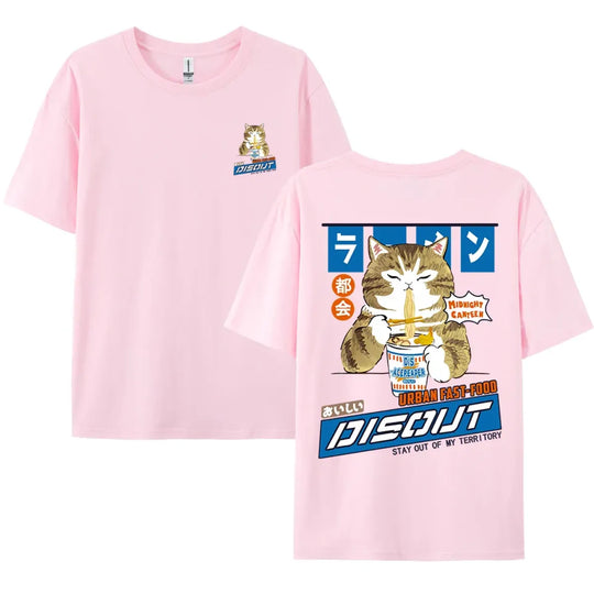 Harajuku Cat Eating Noodles Graphic Tee