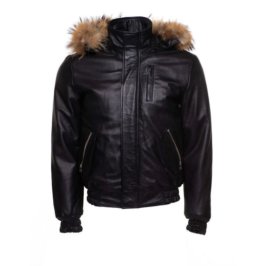 Handmade  Castillos Bomber Winter Leather Jacket With Real Fox Fur Hoodie