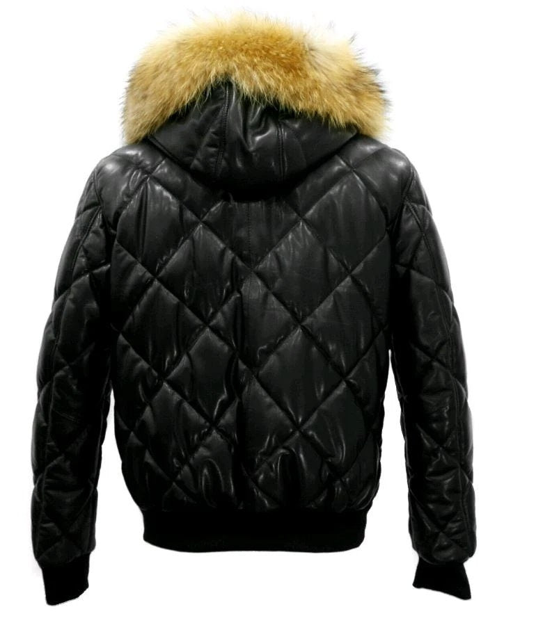 Handmade Joel Quilted Puffer Winter Leather Jacket With Diamond Stitching And Fur Hoodie