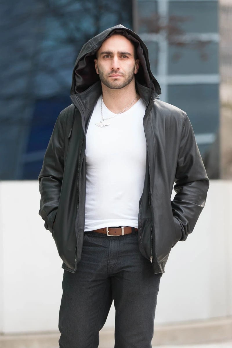 Handmade Dapper Zip Up Leather Jacket With Hoodie