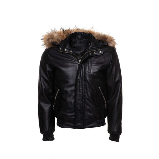 Handmade  Castillos Bomber Winter Leather Jacket With Real Fox Fur Hoodie