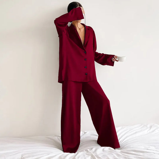 Women's Home Silk Pure Color Pajamas - # WOAA21710002-PRG