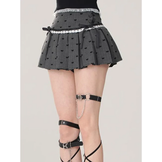 Kawaii Y2K Pleated Mini Skirt – Japanese Bow Lace Plaid Chic